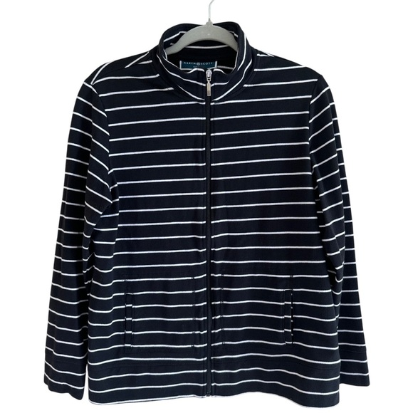 Karen Scott Black Sport  Zip Up Jacket Striped Activewear Women’s M - Picture 2 of 9